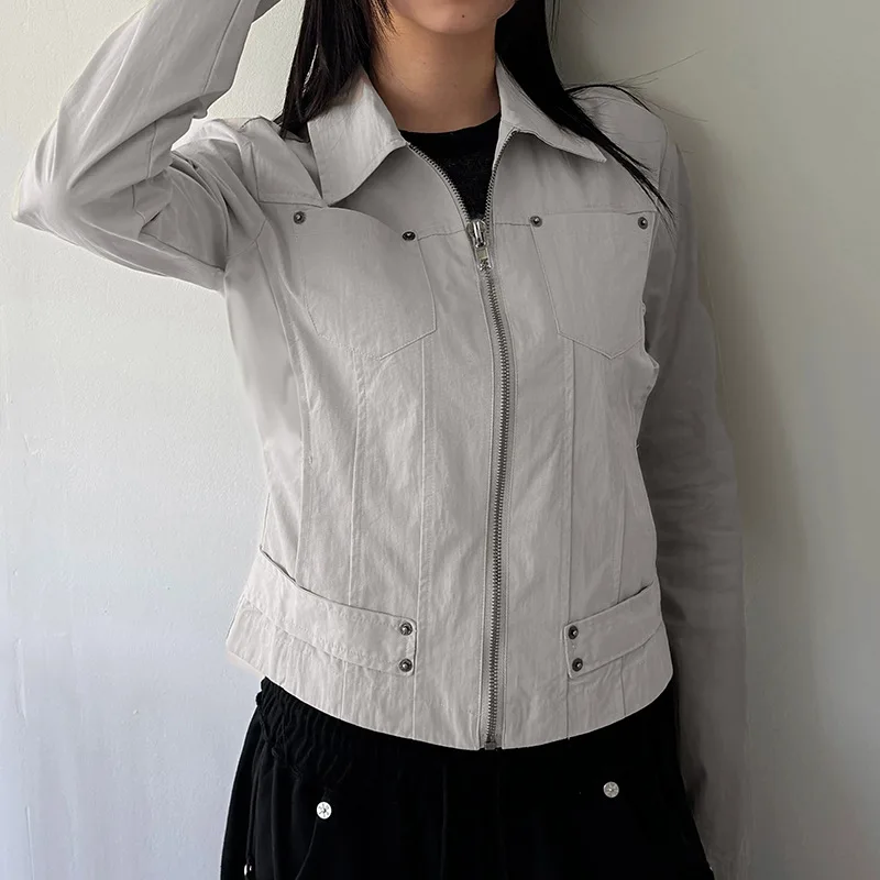

Women Jacket Pocketd Long Sleeve dCasual Zipper Coats Slim Fit Turn Down Collar Solid Outwear Elegant Lady Autumn