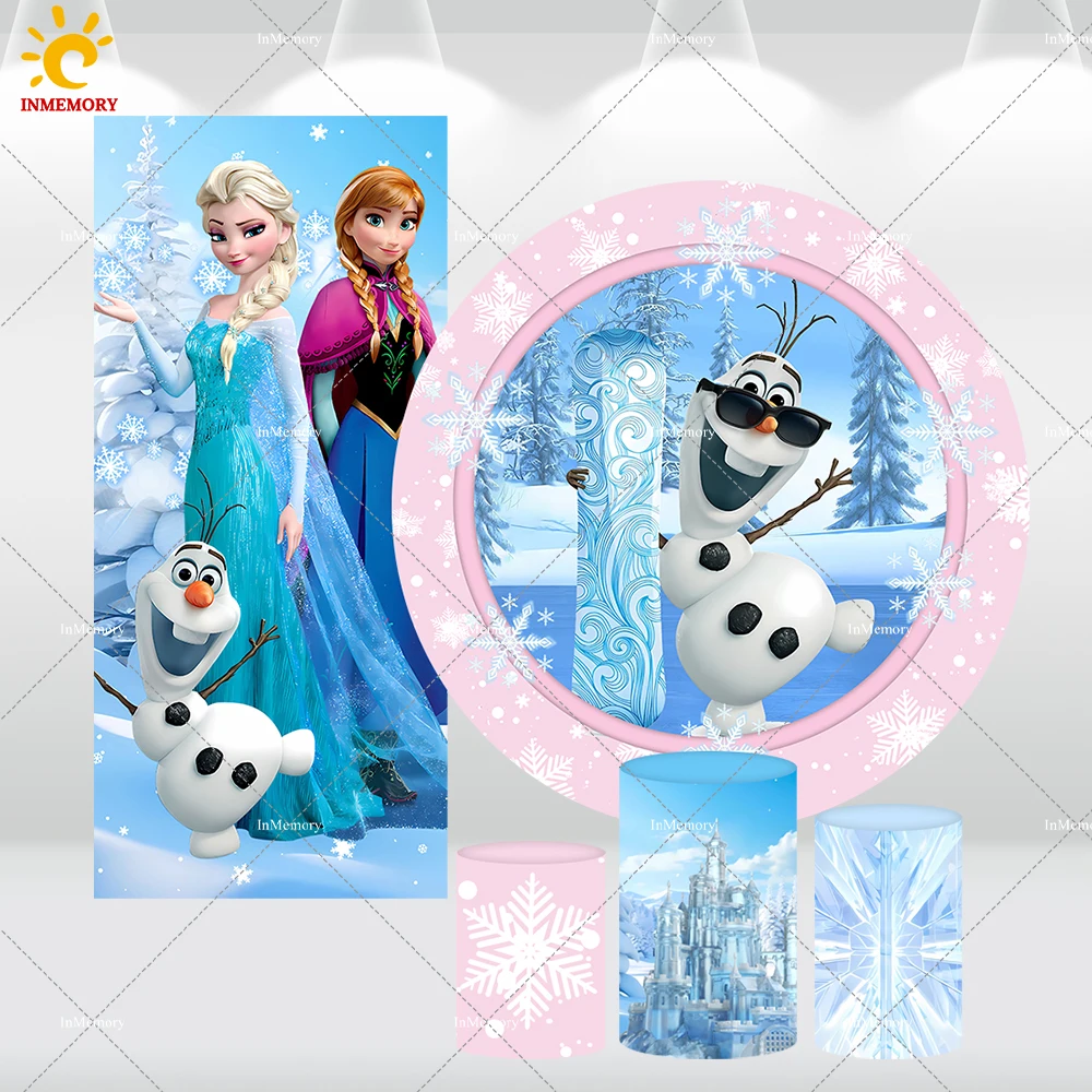 

Winter Ice Castle Cylinder Cover Snowflake Olaf Round Backdrop for Baby Shower Party Decor Frozen Anna Elsa Arch Wall Banner