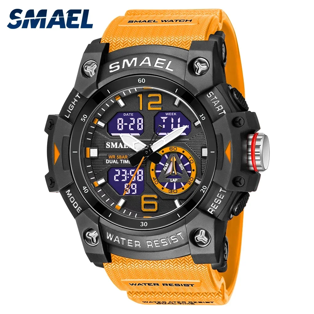 SMAEL Sport Watch Men Alarm Chronograph Clock Stopwatch LED Date-Day Dual Time Zone Waterproof 5Bar Military Men's Watches 8007