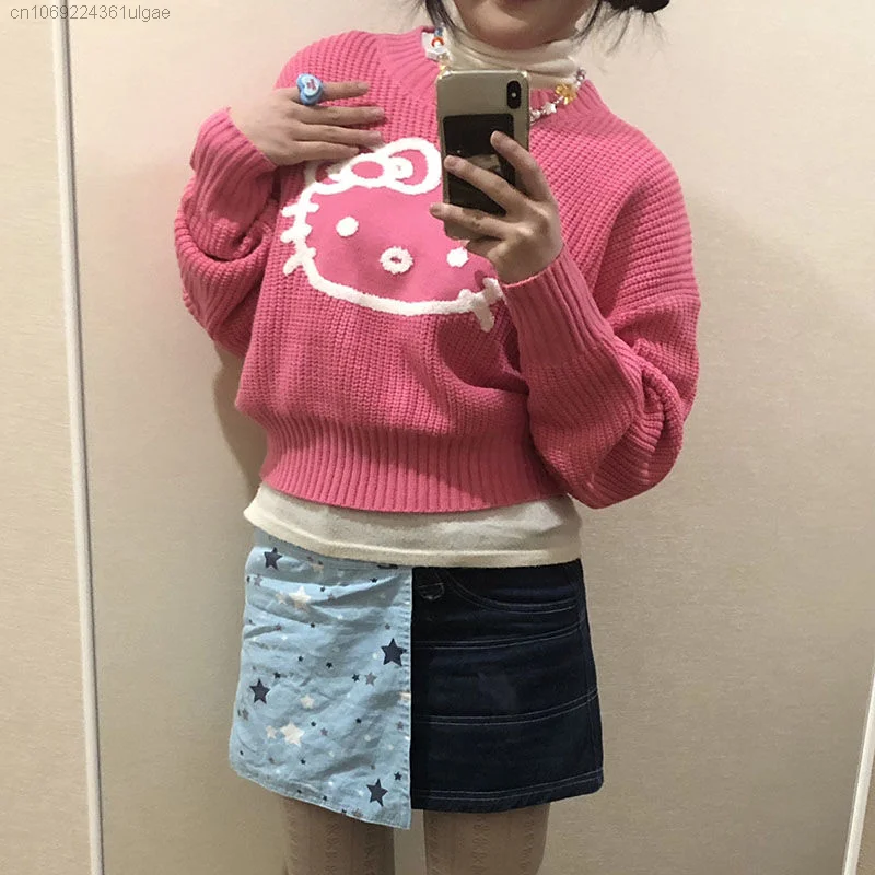 Sanrio Hello Kitty Sweet Sweater Women Cartoon Fashion Knitted Crop Top Millennial Girl Slim Fit Short Pullover Aesthetic Shirt