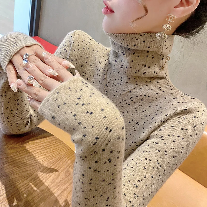 Autumn Winter Women Turtleneck Sweater Warm Pullover Dot Slim Black Knitted Khaki Top Sweaters for Women 2023 Office Ladies Tops