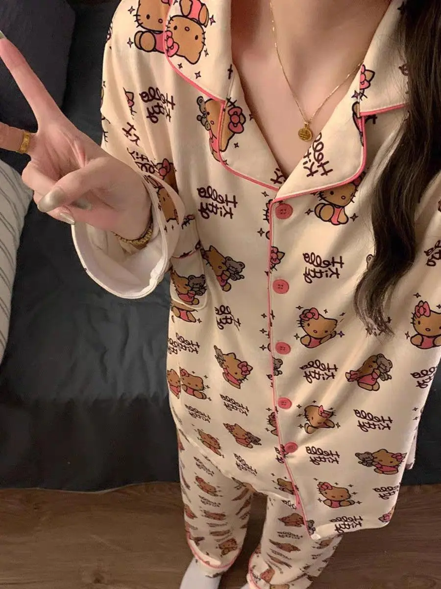 2025New Hello Kitty Pajama Set Anime Sanrio Thickened Warm Homewear Set Woman's Pajama Pants Suit Sweet Girl Loungewear Gifts