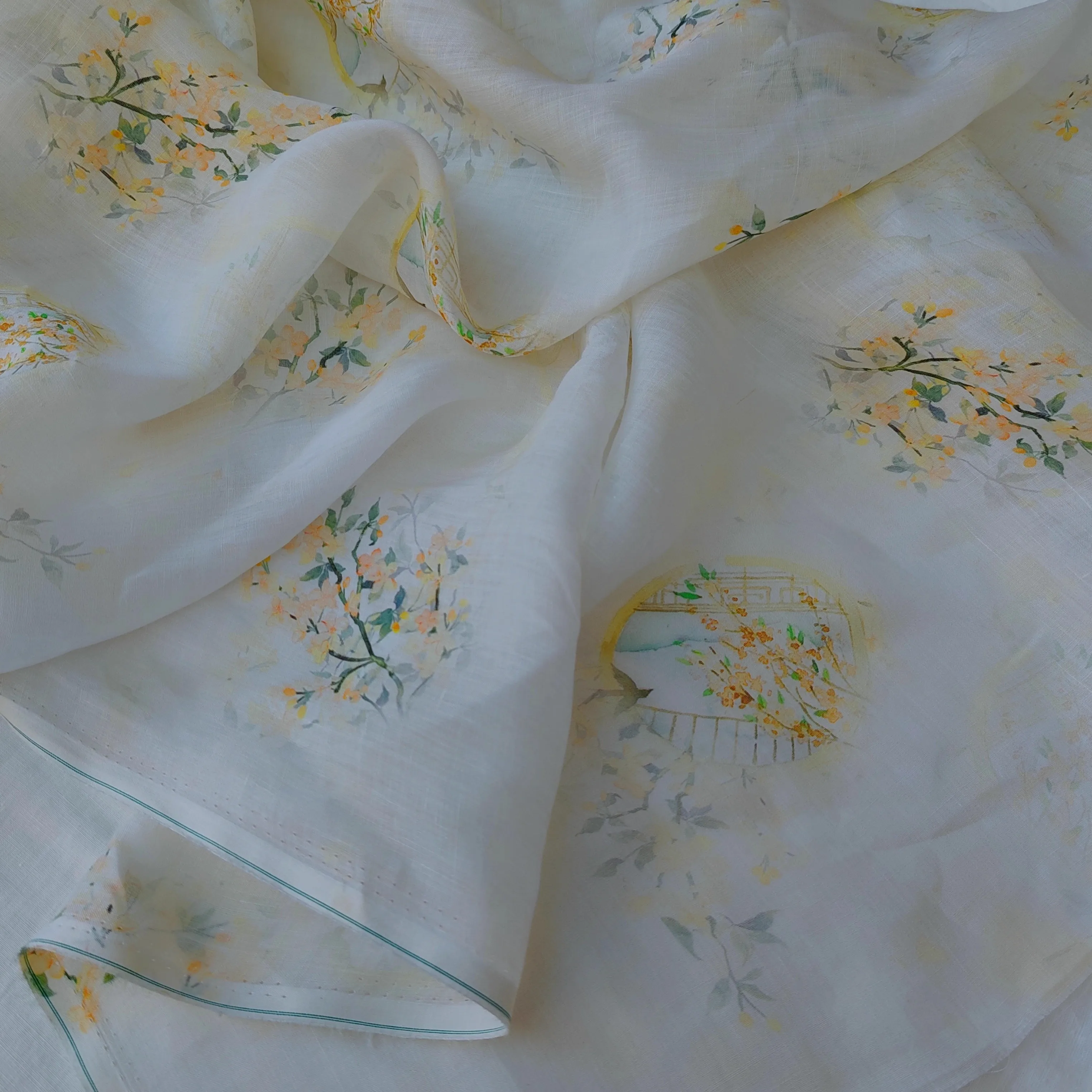 

1yard Flower and bird print tissu natural ramie fabric Skirt dress shirt bag cheongsam fabric for clothing