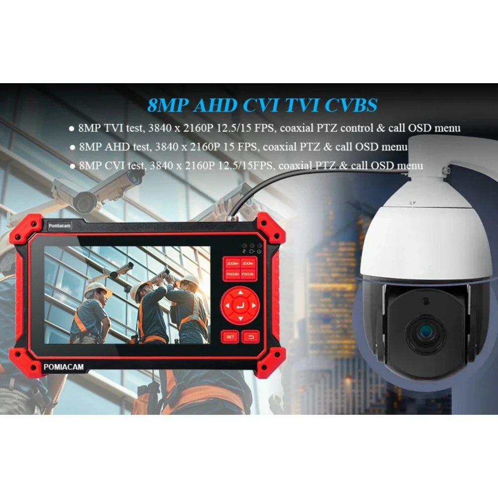 

8MP TVI /CVI /AHD /CVBS Analog Camera Tester 5inch Screen HDMI & VGA in PTZ Control 12V Power Output CCTV Camera Tester