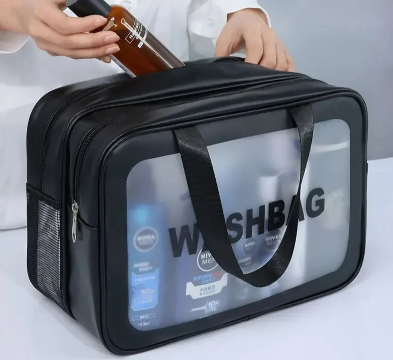 Trocken-Nass-Trennung, doppelte transparente PU-Kosmetiktasche, tragbare Waschtasche, Kosmetik-Aufbewahrungstasche, Reise-, Fitness- und Schwimmzubehör – Detail 1