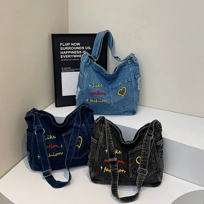 Ladies' Handbag 2026 Trendy And Minimalist Embroidered Washed Denim Bag Vintage Casual Large Capacity Tote Shoulder Bags