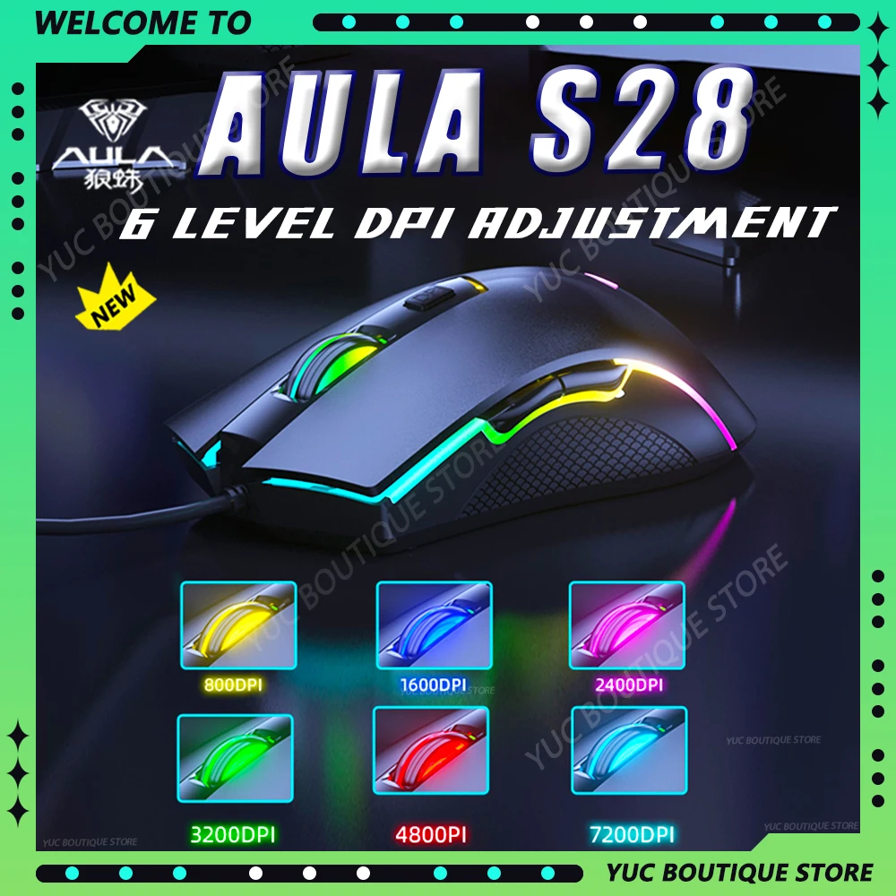 

Aula S28 Gaming Mouse RGB Scrolling Light 6-Speed Dpi Adjustment Anti Slip Side Wings Mute Gaming Office Desktop Notebook Mouse