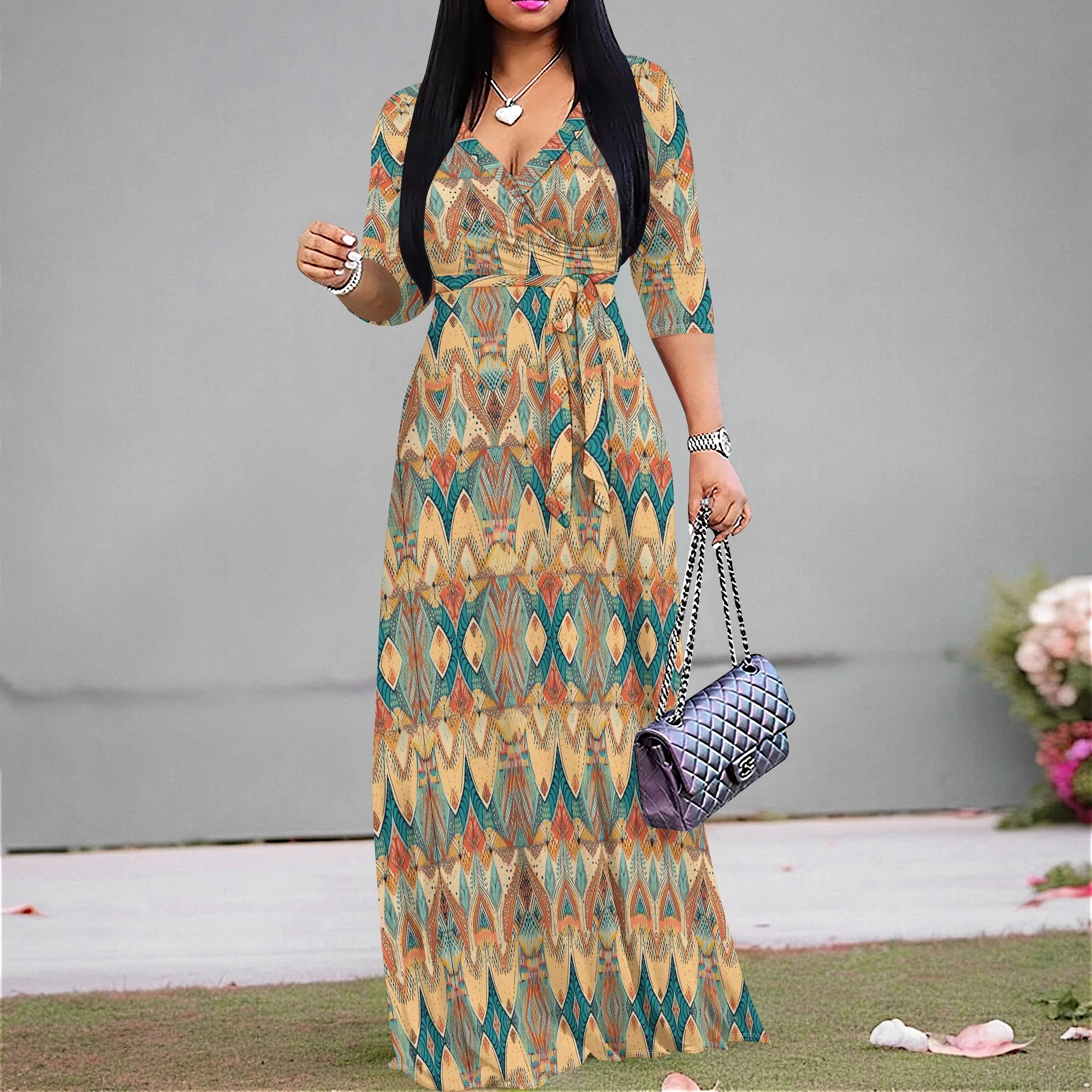 

Ethnic Geometric Long Dress S-3XL Autumn Color V-Neck Belted Fit for Cultural Event or Market Look