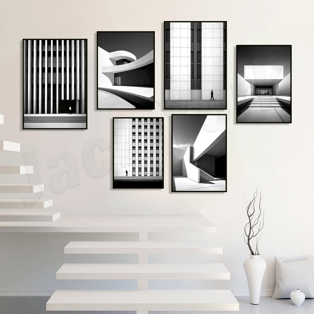 

Minimalist neutral contemporary geometric architectural poster, abstract black and white art canvas wall art home decoration