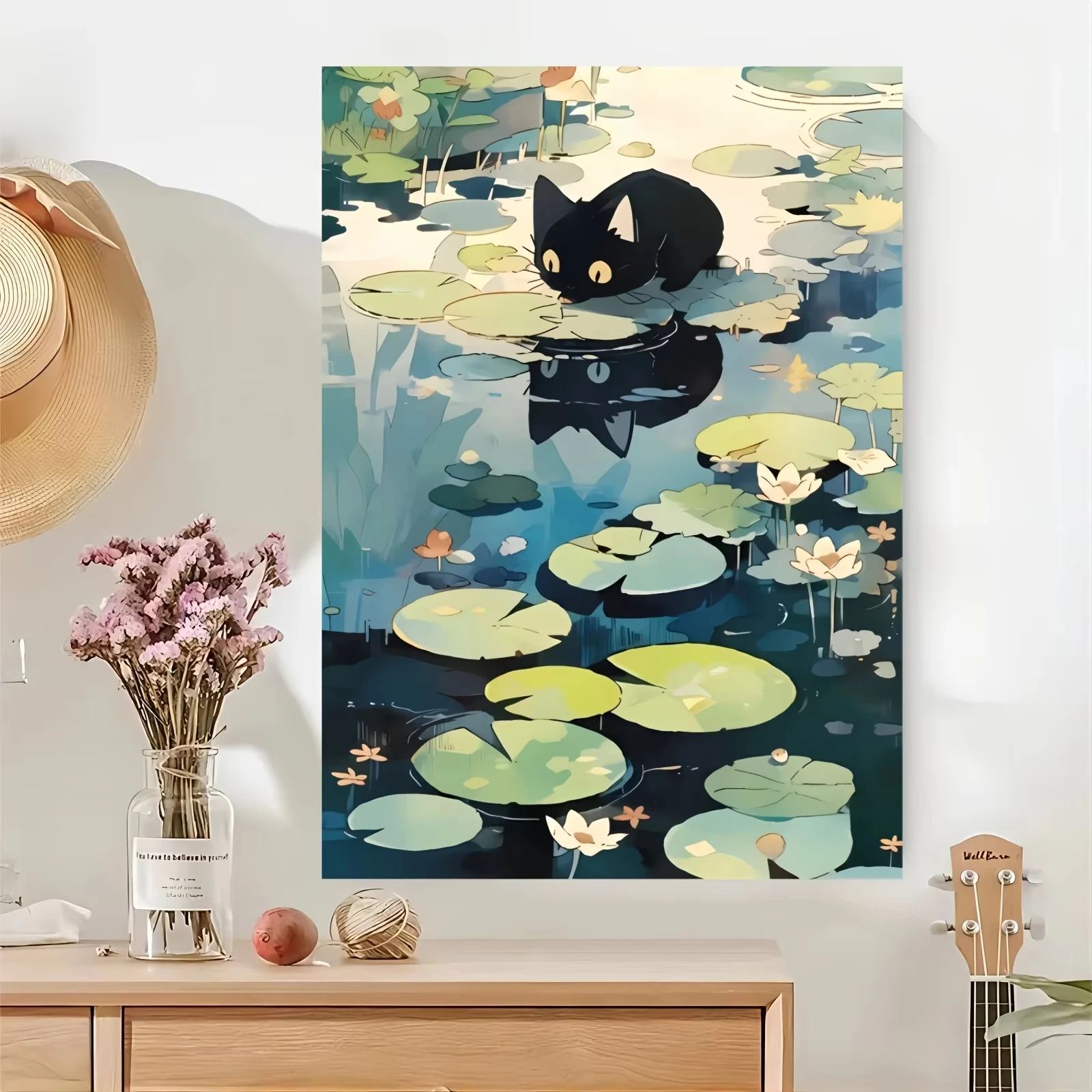 

The soft and cute black cat in the water lily pond whispered Diamond Painting DIY 5D Mosaic Cross Stitch Home Decor Gift