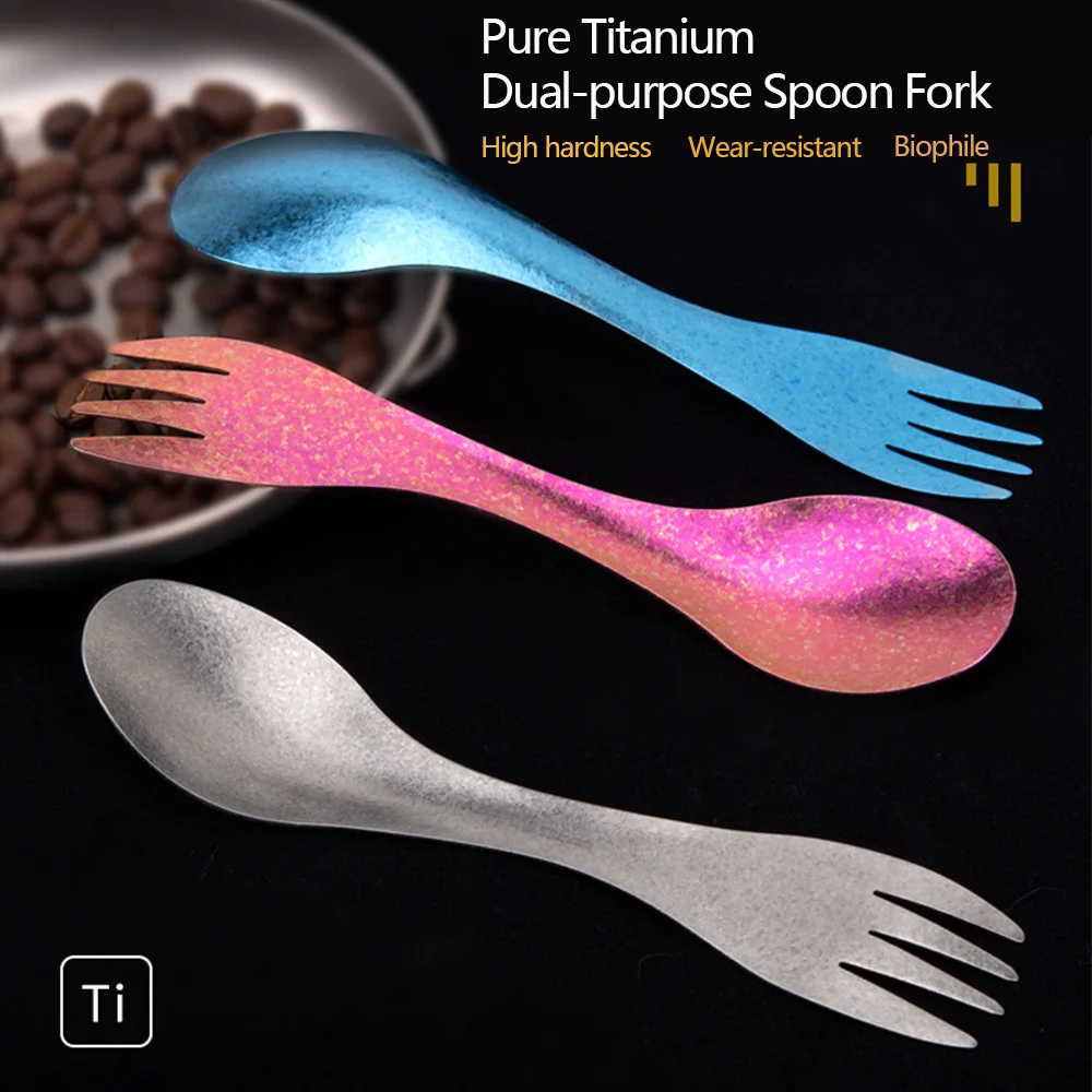 1/2 قطعة المحمولة التيتانيوم النقي سبورك 2 في 1 ملعقة خفيفة أطباق في الهواء الطلق التخييم نزهة التنزه السفر صديقة للبيئة تجهيزات المطابخ #3