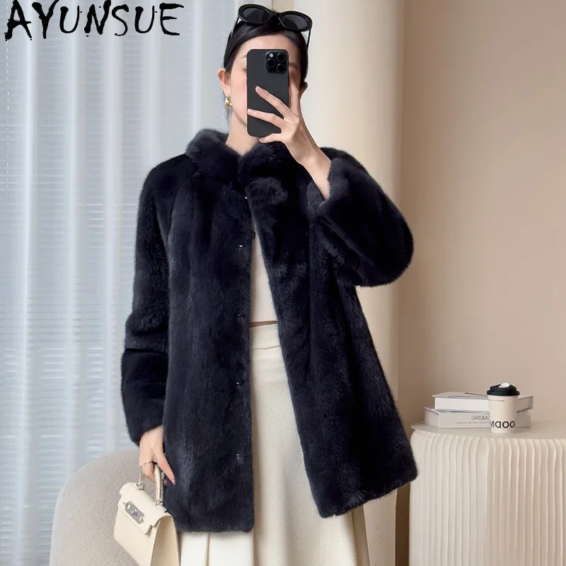 AYUNSUE Naturalny Futro z Norki Damski Stójka Średniej Długości 2025 Zimowy Prawdziwy Futro Damski Odzież Cała Norka Шуба Женская