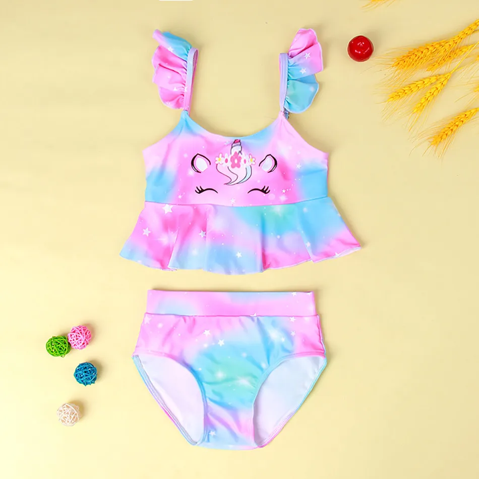 Girls Swimsuit Kids Ruffles Beach Swimwear Baby Birthday Beachwear Children Swimming 2 Piece Set Unicorn Bathing Suit 3-8 Years