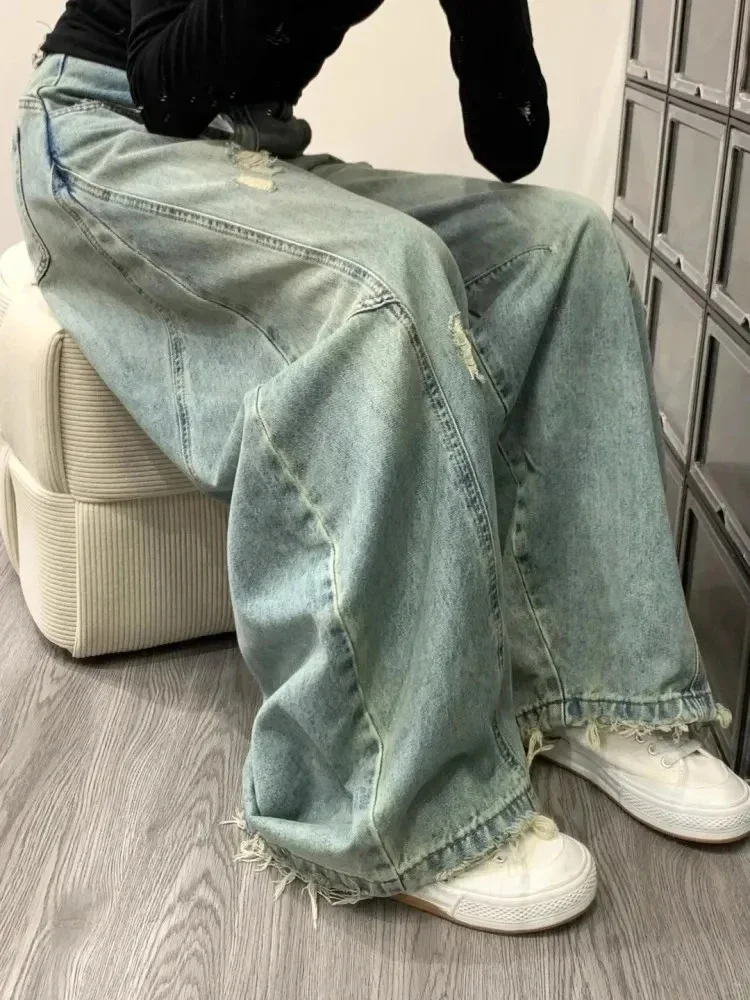 Streetwear Women Hole Jeans Summer High Waist Loose Washed Wide Leg Pants Bf Harajuku Hip Hop Patchwork Tassels Denim Trousers