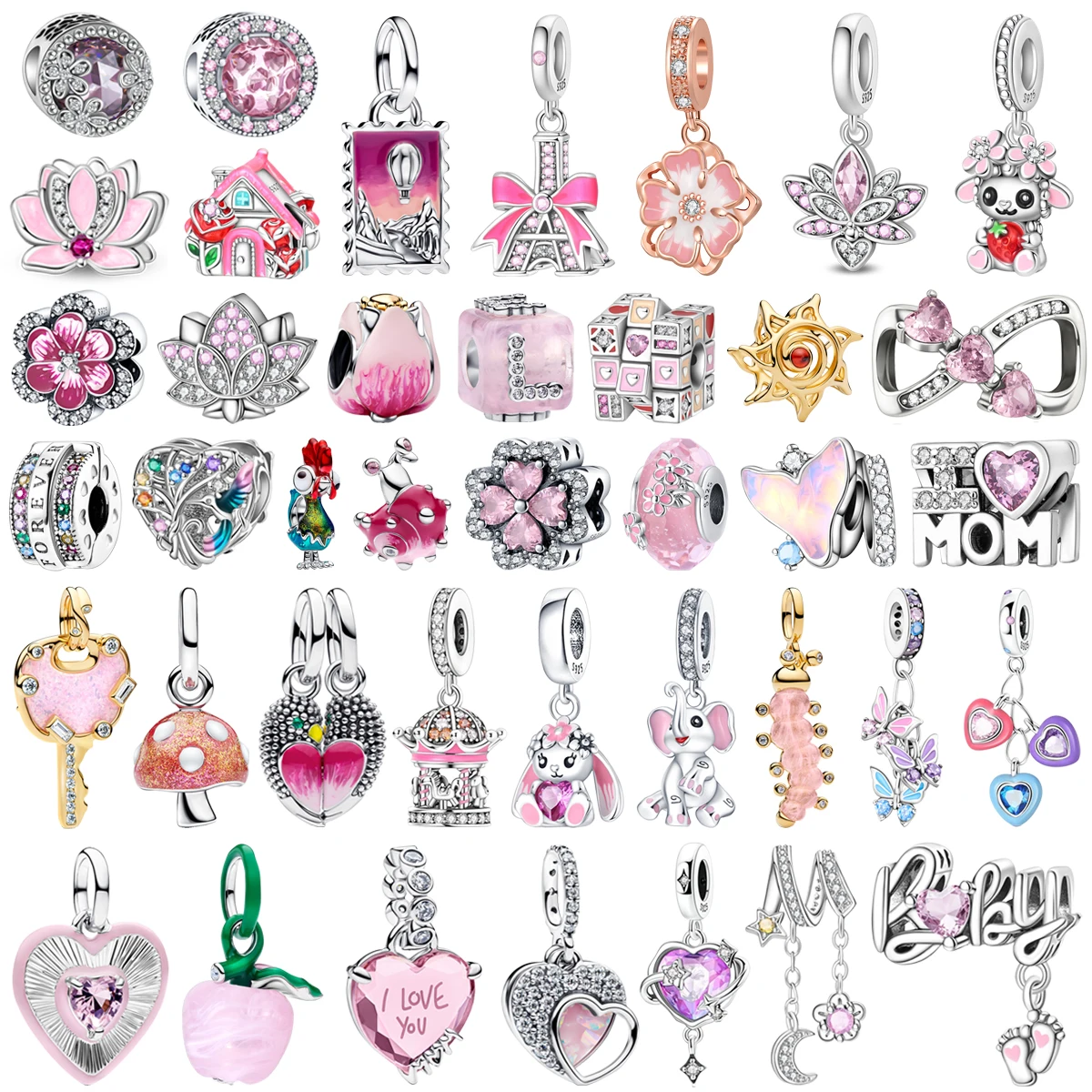 

Hot Sale 925 sterling silver pink heart-shaped lotus flower animal bead pendant fit women's DIY bracelet necklace jewelry gift