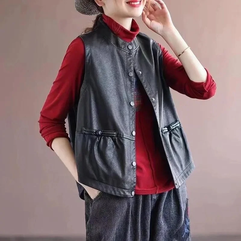 

Retro Button ort PU Leather Vest Women Loose Casual Open Cardigan Outerwear Top f High Collar Pure Color Autumn New Arrival