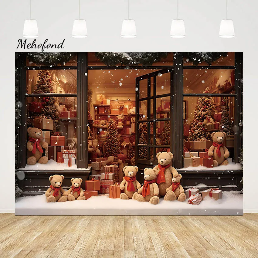 

Mehofond Photography Background Winter Christmas Window Santa's Shop Bear Kids Family Party Portrait Decor Backdrop Photo Studio