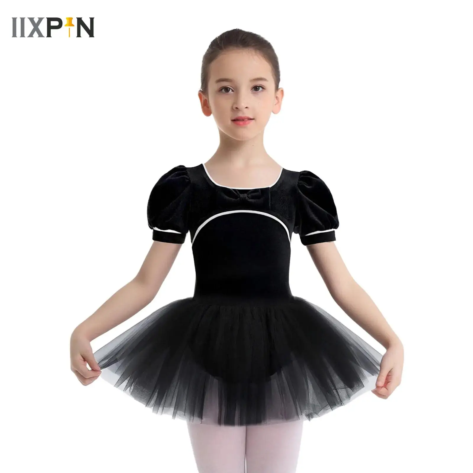 

Puff Sleeves Girls Ballet Tutu Dress Dancer Party Velvet Tulle Dress Performance Ballerina Dance Costume Good for Birthday Gift