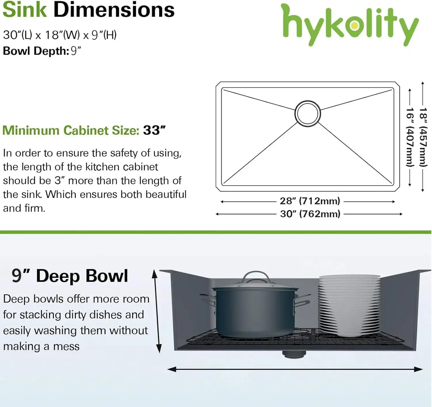 30-inch Kitchen Sink, 16 Gauge Undermount Single Bowl Stainless Steel Sink, 30" x 18" x 10"