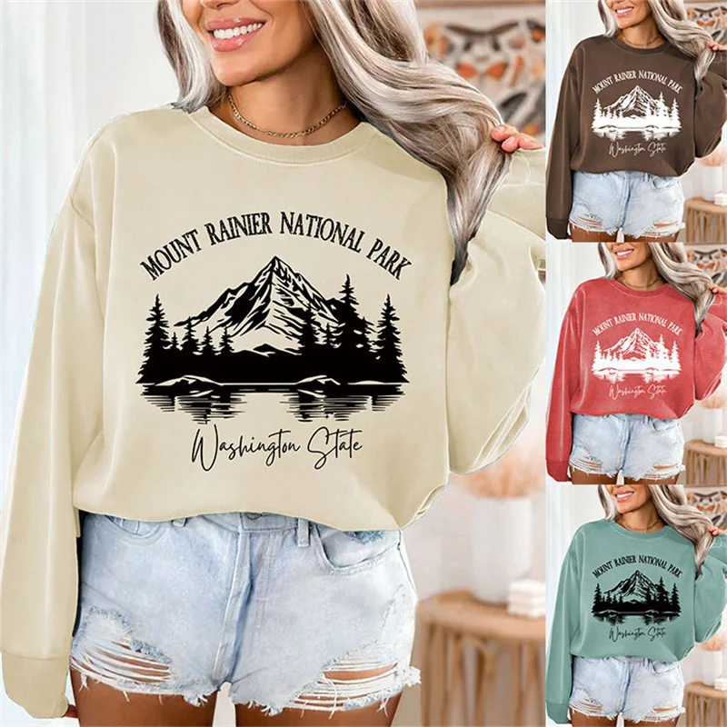 Pull imprimé vintage pour femme, sweat à capuche décontracté, manches longues, coton, montagne, parc national du mont Rainier, mode d'hiver, nouveau