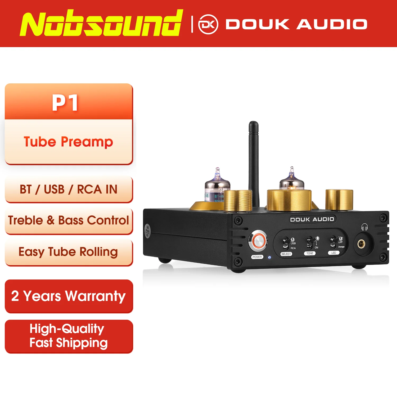 Nobsound P1 HiFi Bluetooth 5.0 JAN5725 Valve Tube Preamp Bass Preamplifier Stereo Audio Headphone Amplifier USB DAC APTX