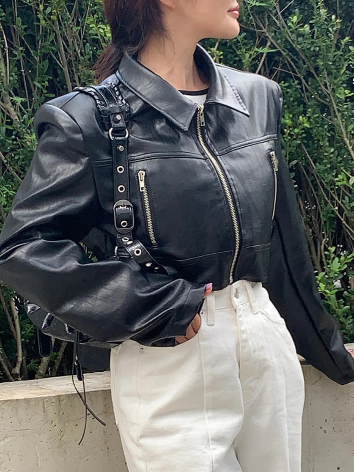 

Matte PU Leather Jacket Women's Retro Collar Slim Fit Short Motorcycle Style Fashionable Long Sleeve Neck Spring Season