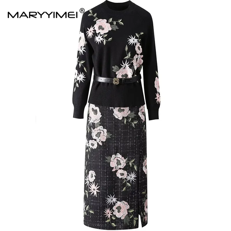 MARYYIMEI Autumn and winter Women\'s Suit Round neck Long Sleeve Tops+Sashes Side Split Skirt Embroidery 2 piece set