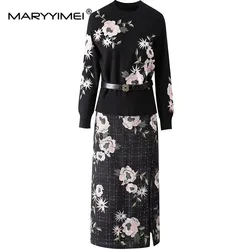 MARYYIMEI Autumn and winter Women's Suit Round neck Long Sleeve Tops+Sashes Side Split Skirt Embroidery 2 piece set