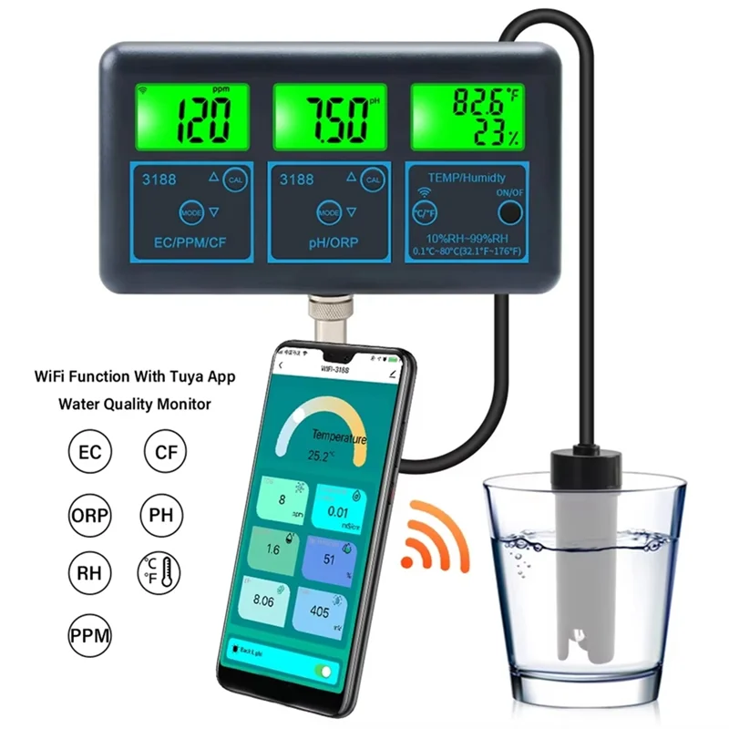 ABKN-Tuya Wifi 7 In1 Water Quality Tester Multi-Parameter Water Analyzer PH/ORP/EC/PPM/CF/Humidity/TEMP Monitor Meter US Plug
