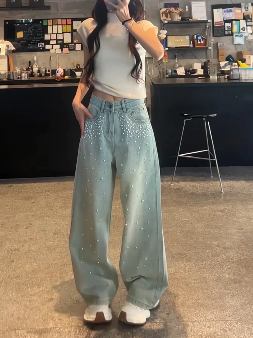 

Elegant Light Blue High Waist Straight Leg Jeans Women's Loose Fashionable Wide Leg Pants Cotton Spring Season New Arrival
