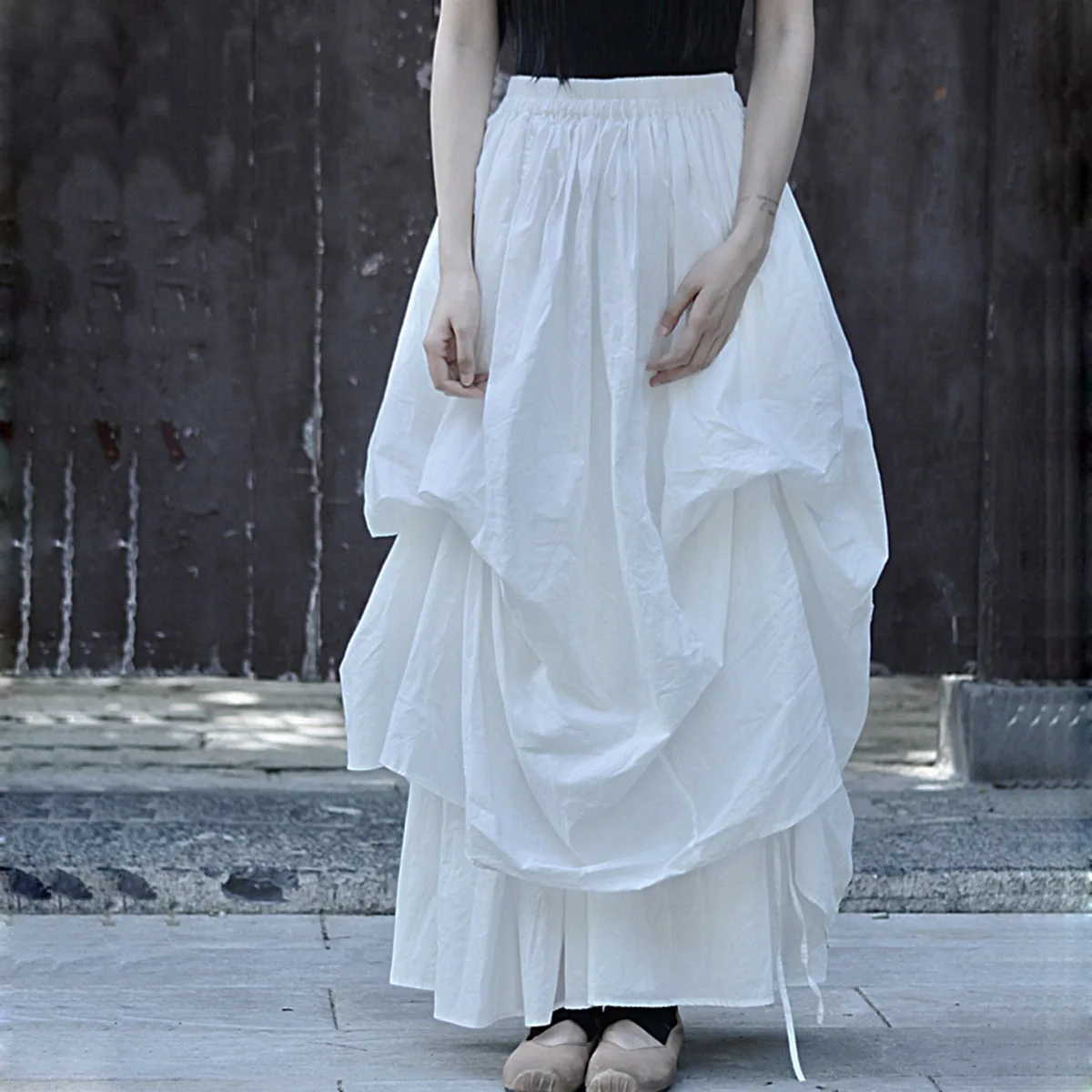 

Niche Heavy-Duty Pleated Design Half-Length Skirt Women Spring Summer High Waist Irregular A-line Shape White Puffy Long Skirt