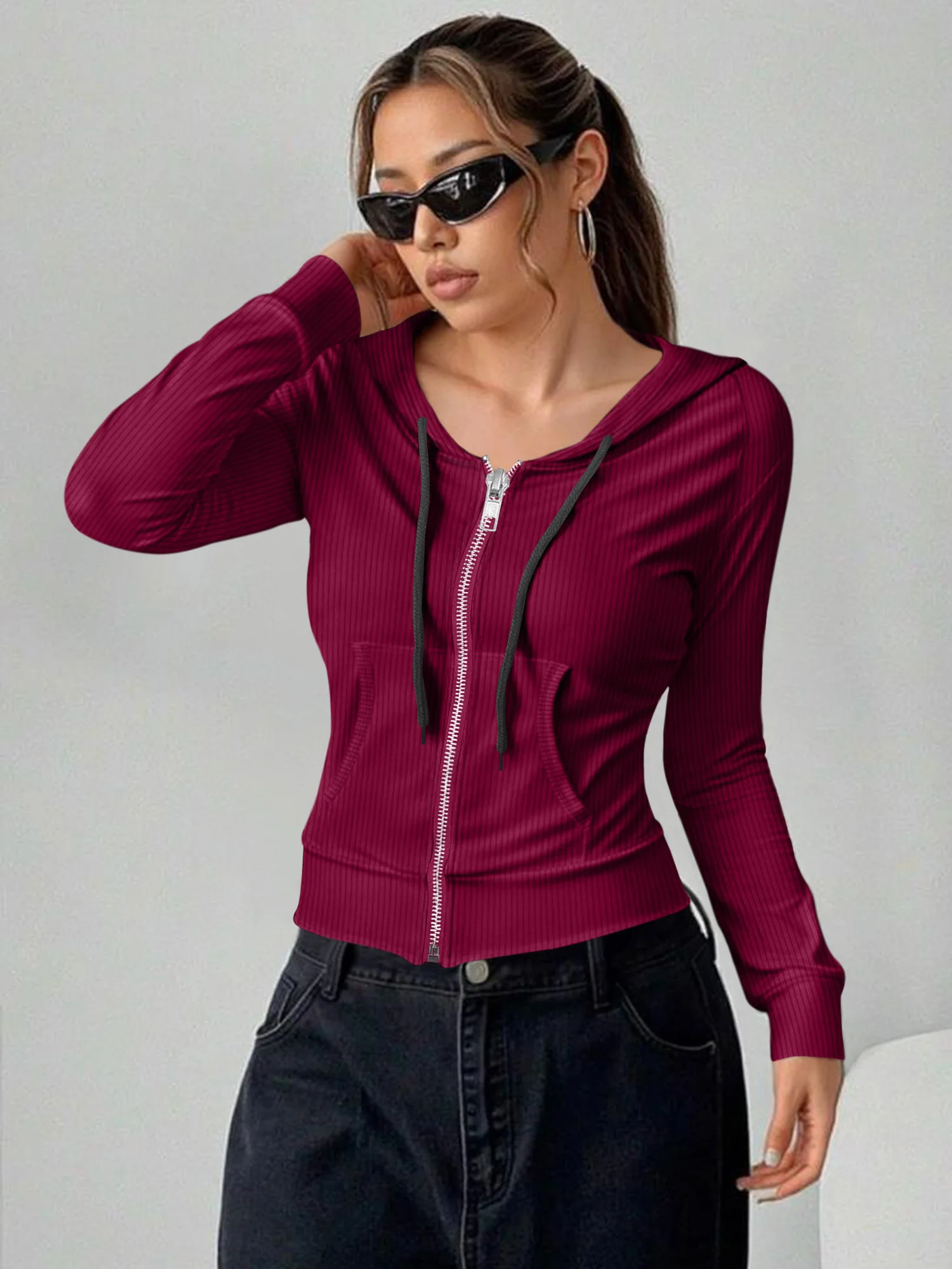 Women Slim Fit Ribbed Knit Hooded Cardigan Full Zip Drawstring Long Sleeve Outer Jacket