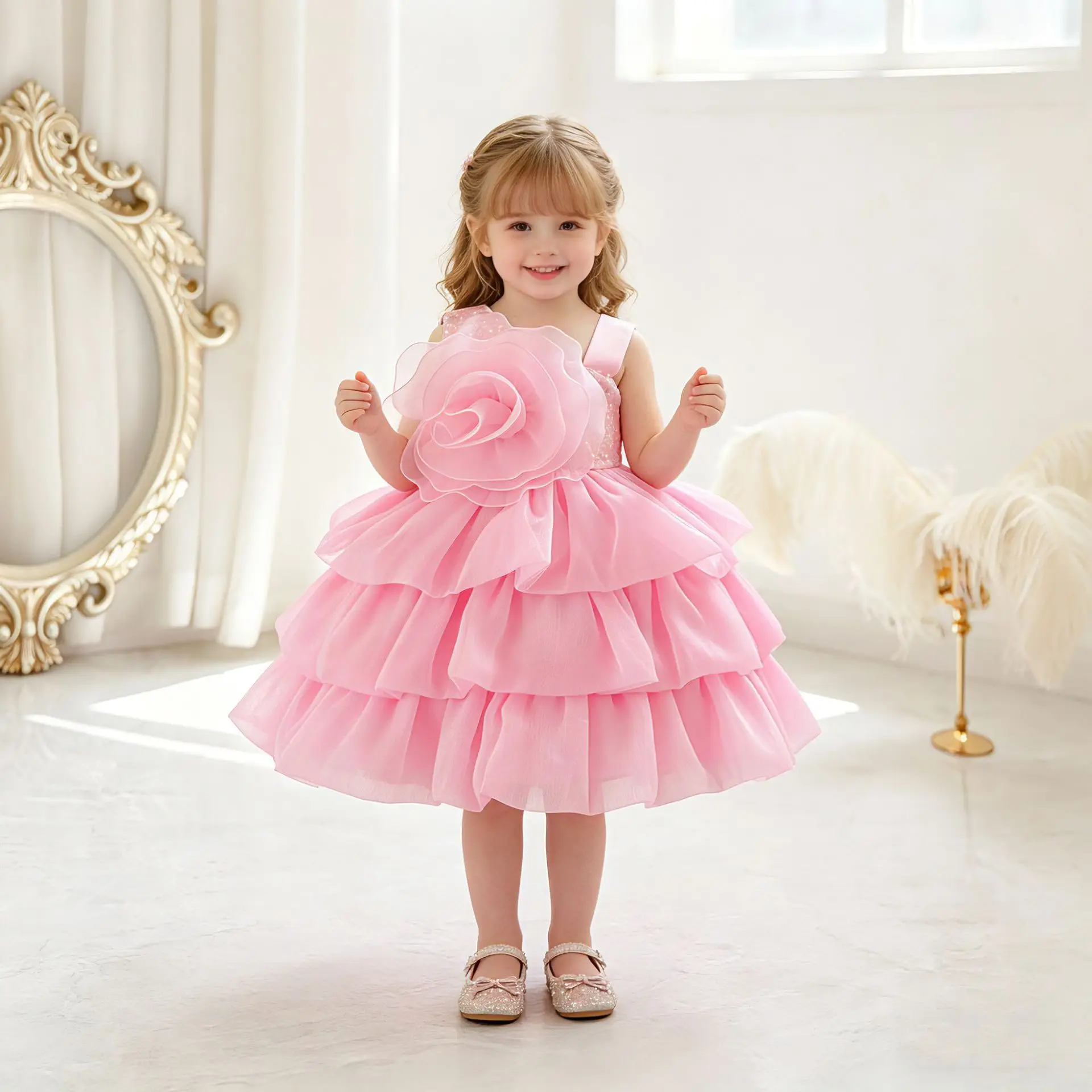 

Girls Birthday Dress with Sequins Flowers 1-3 Baby Girl Tutu Cake Layered Princess Gown for Toddler Party Pageant Formal Wear