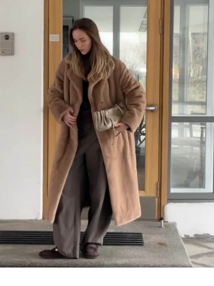 

Women Solid Faux Fur Long Coat Laple Pocket Long Sleeve Thicken With Belt Loose Jacket Lady Winter Daily Warm Highstreet Outwear