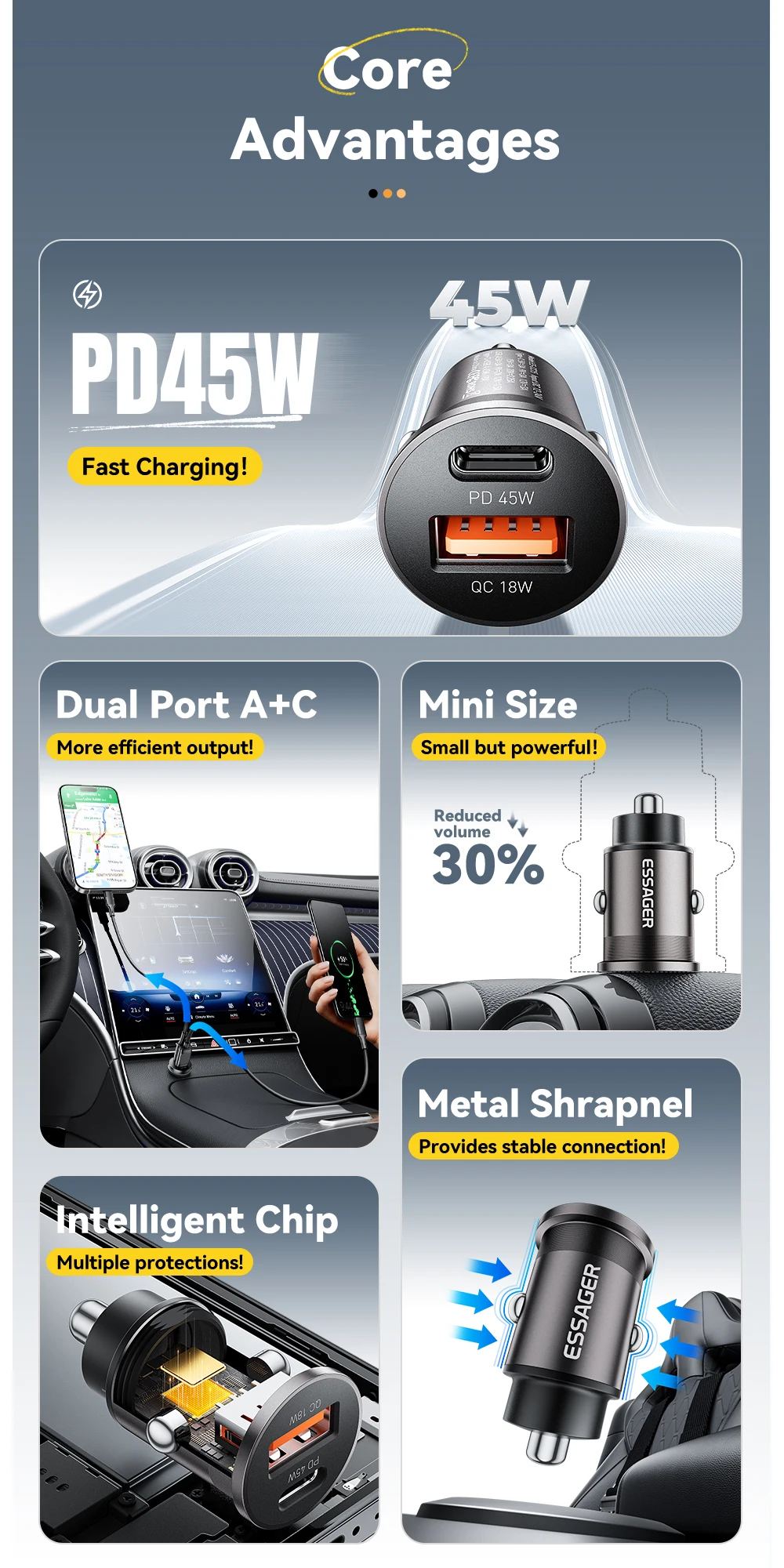 Essager 45W Mini USB Car Charger QC 3.0 PD 3.0 SCP AFC USB Type C Car Mobile Phone Charger For iPhone Huawei Samsung Xiaomi iPad