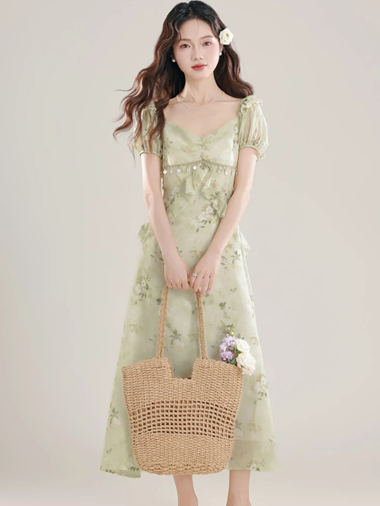 Zomer Groene Bloemen Chic Diamons Ruches Jurk Vrouwen Bladerdeeg Mouw Vierkante Kraag Casual Jurk 2023 Koreaanse Mode Bodycon Vestidos