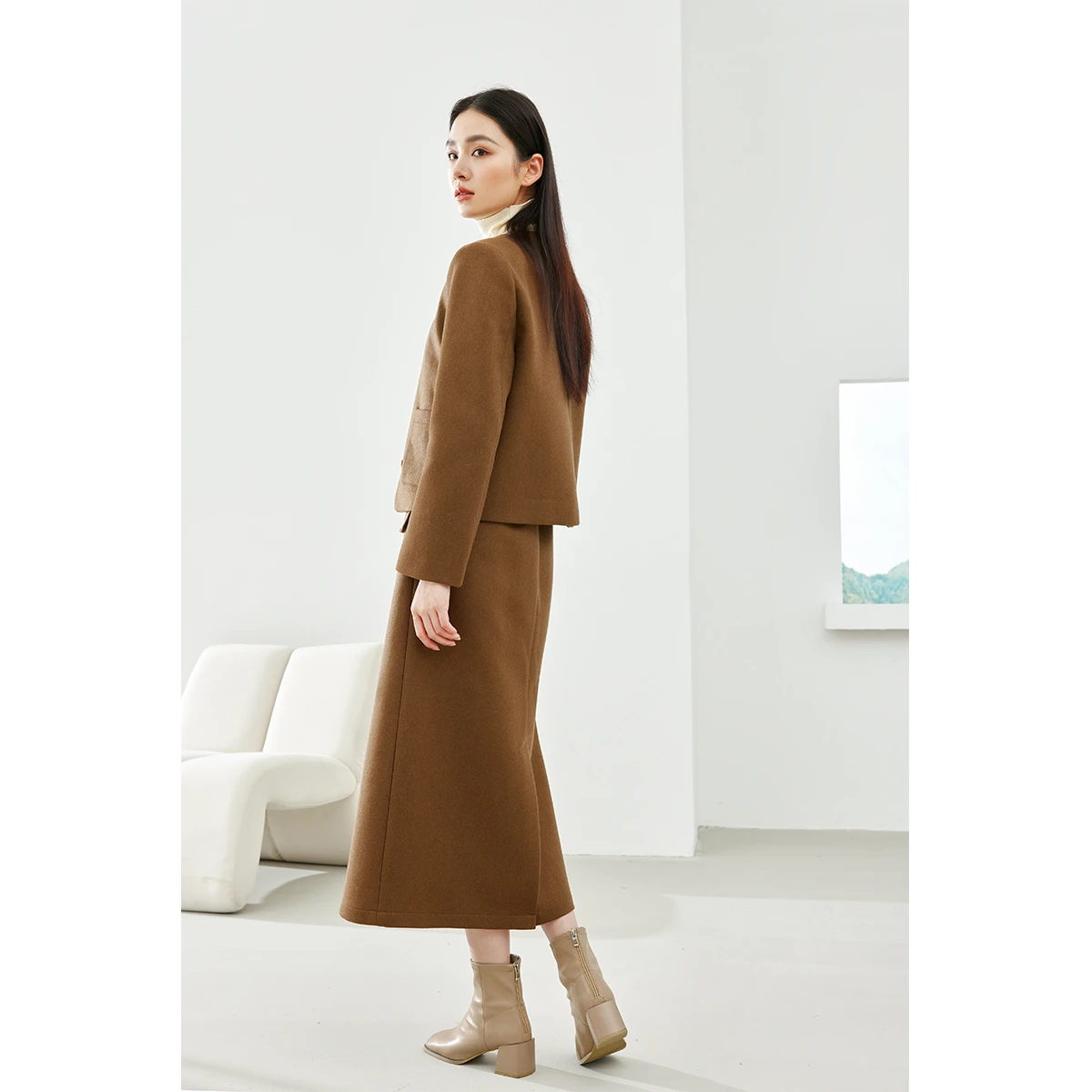 VIMLY أنيقة الصوف مزيج تنورة مجموعة س الرقبة مبطن الستر مرونة الخصر سبليت ميدي التنانير 2025 الشتاء مجموعات المرأة 2 قطعة 16260