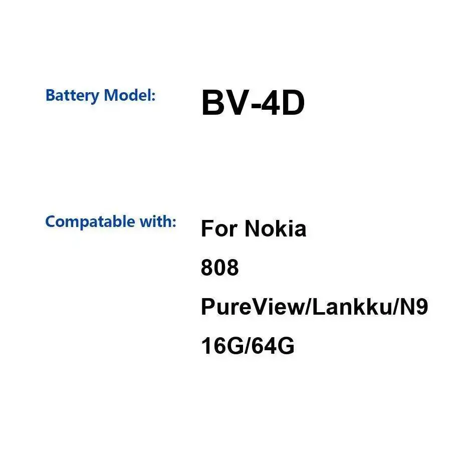

Аккумулятор мобильного телефона 1250 мАч для Nokia 808 Pureview N9 16G 64G BV-4D, прочный, долговечный