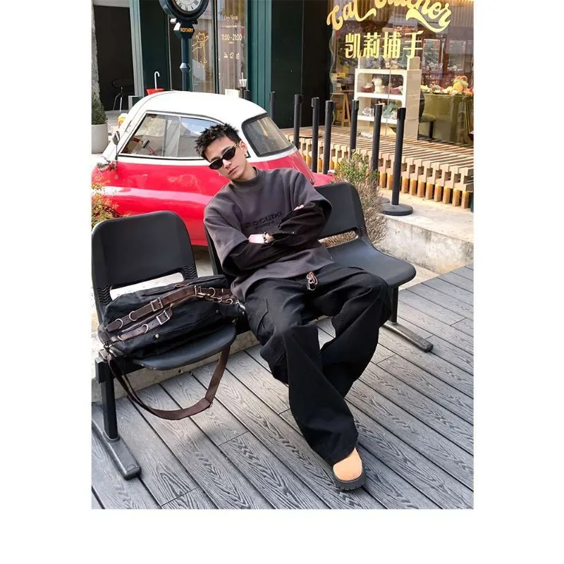 سترة رجالية كبيرة الحجم مطرزة للخدمة الشاقة الأمريكية مكونة من قطعتين برقبة دائرية سترة ربيعية فضفاضة غير رسمية تناسب الجميع