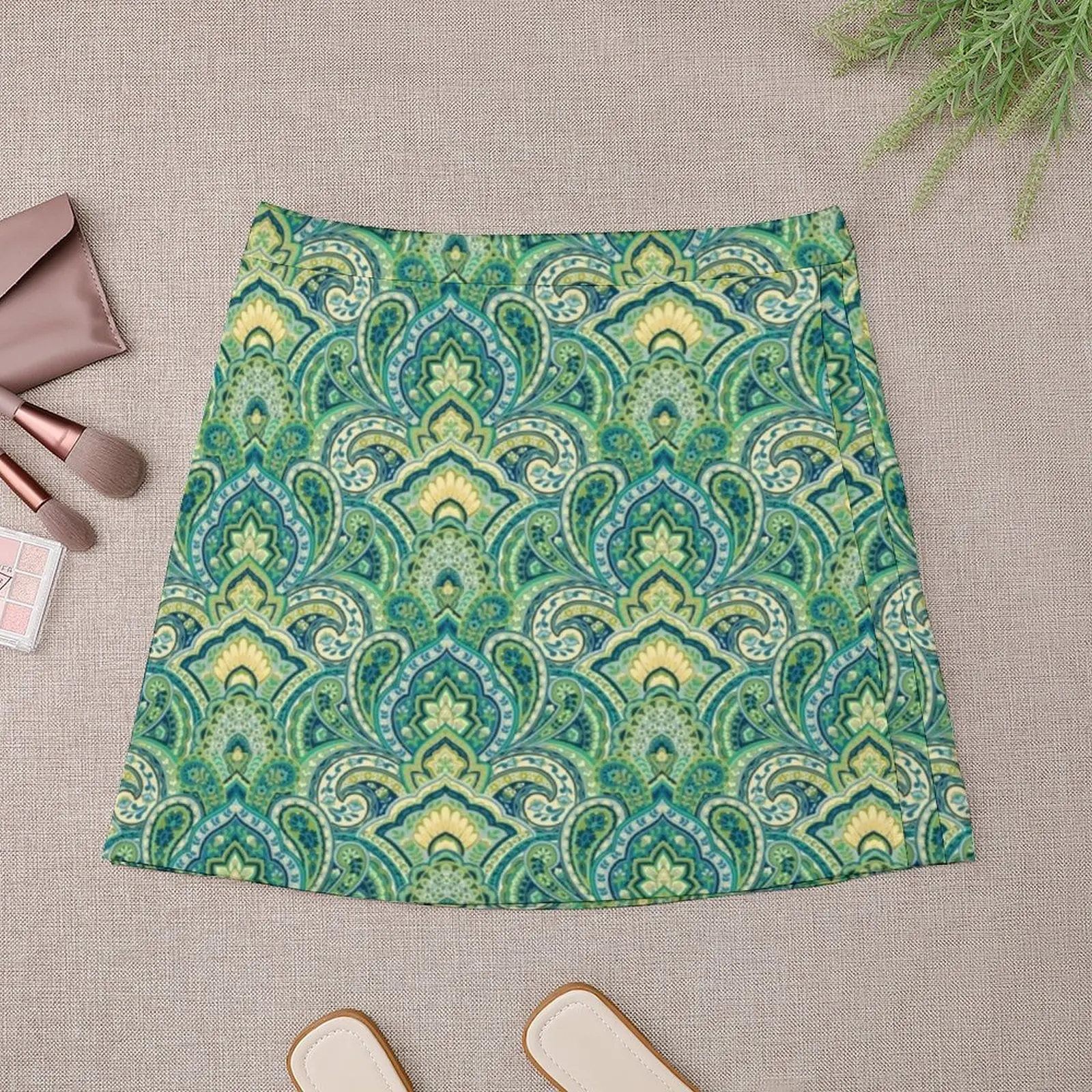 Green Paisley Style Skirt Vintage Print Kawaii Mini Skirts Summer High-waisted Graphic Korean Fashion Casual Skirt Big Size