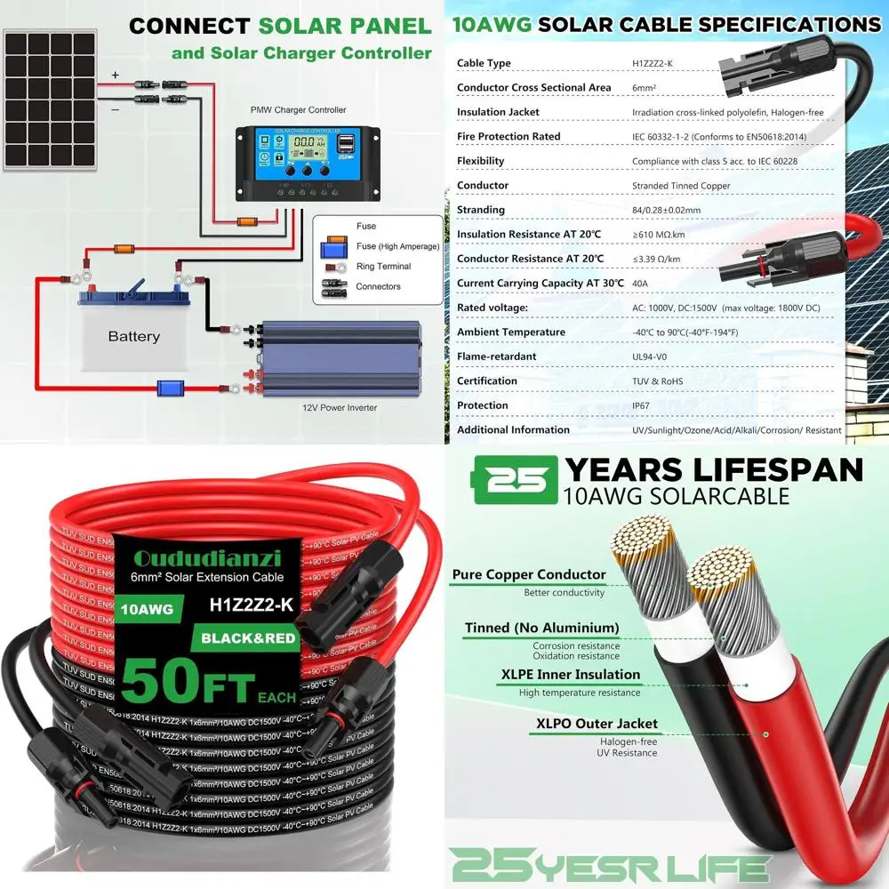 

50ft Extension Cable, 10AWG Tinned Copper PV Wire, Suitable for RV, Boat, Camping, and Roof Solar Panels