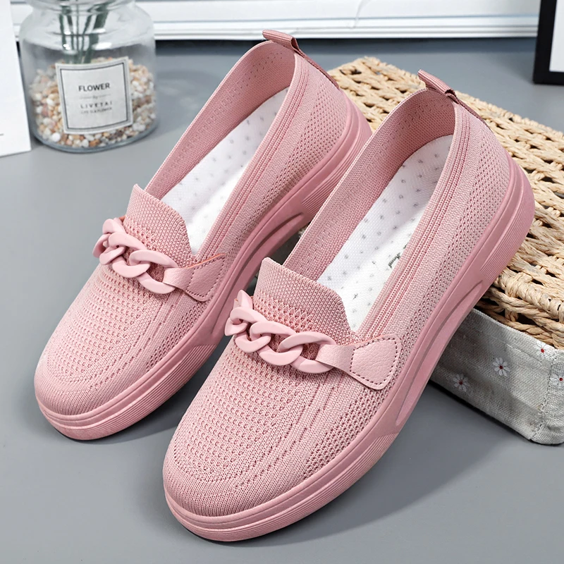 Women\'s Summer Footwear Slip On Female Chain Ballet Flats Sneakers Elegant Comfortable White Nurse Shoes Ladies Loafers