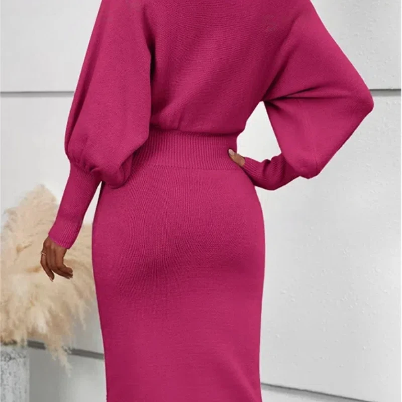 Dames Herfst Gebreide Wollen Rok Temperament Ronde Hals Lange Mouwen Sexy Effen Kleur Trekken Uw Taille Pronk Met Gewicht Rok