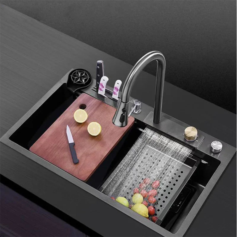 Black Nano Kitchen Sink With Knife Holder Waterfall Faucet Large Single Bowl Accessories Pure Tap Cup Washer Soap Dispenser