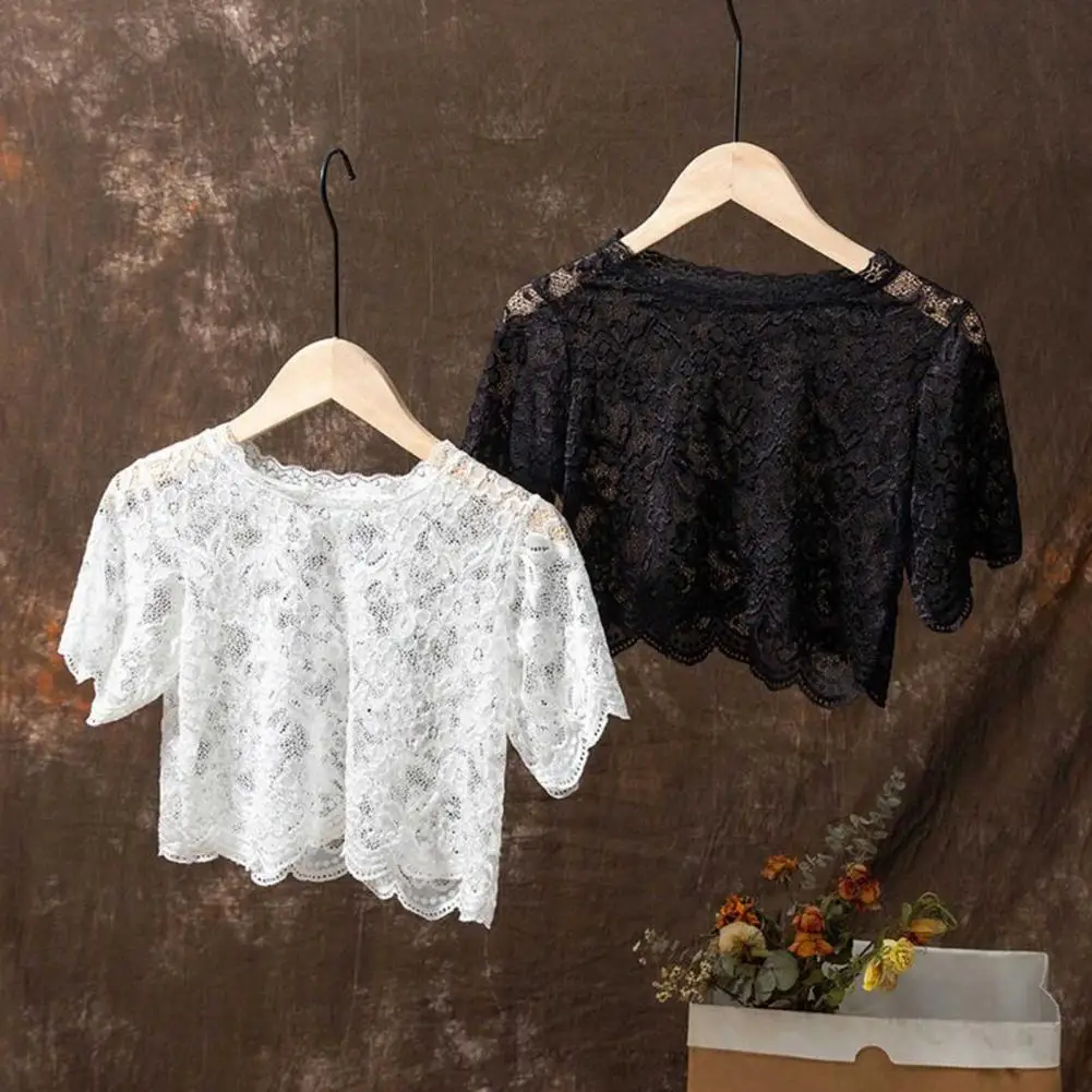 Fake Collar Lace Solid Color See-through Flower Embroidery Short Sleeves Bottoming Round Neck Lady Base Top Female Clothes