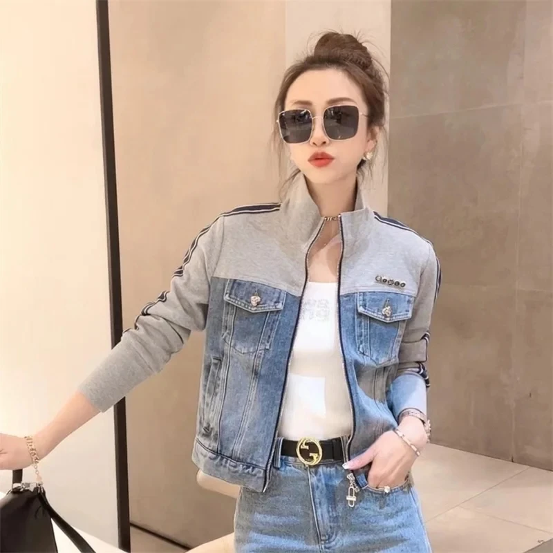 2024 New Spring Autumn Vintage patchwork Denim Jacket Women\'s Korean Slim zipper Short Standing Collar Long Sleeved Jeans Top