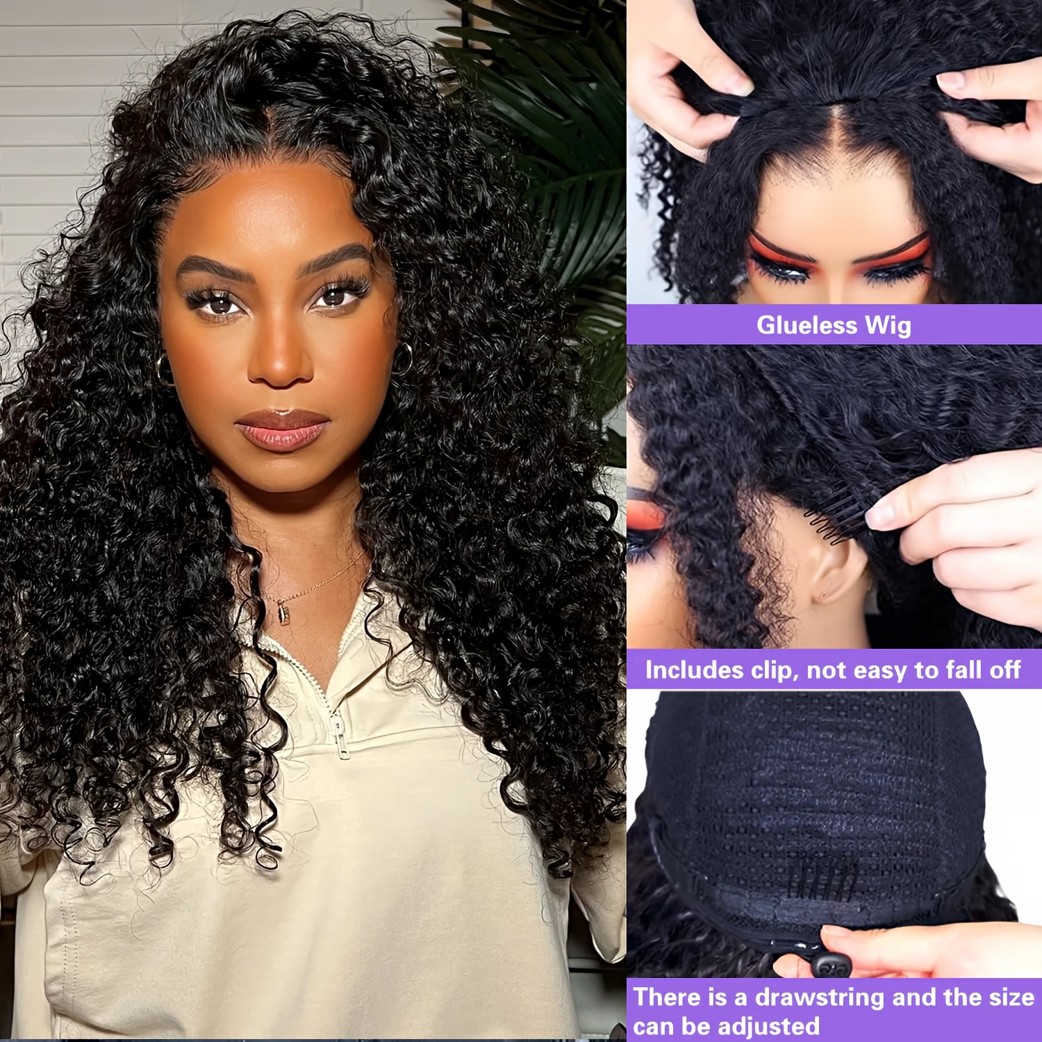 250% Density 3 In 1 Human Hair Half Wig Water Wave Glueless Flip Over Drawstring Strap Natural Looking Soft For Women Deep Curly