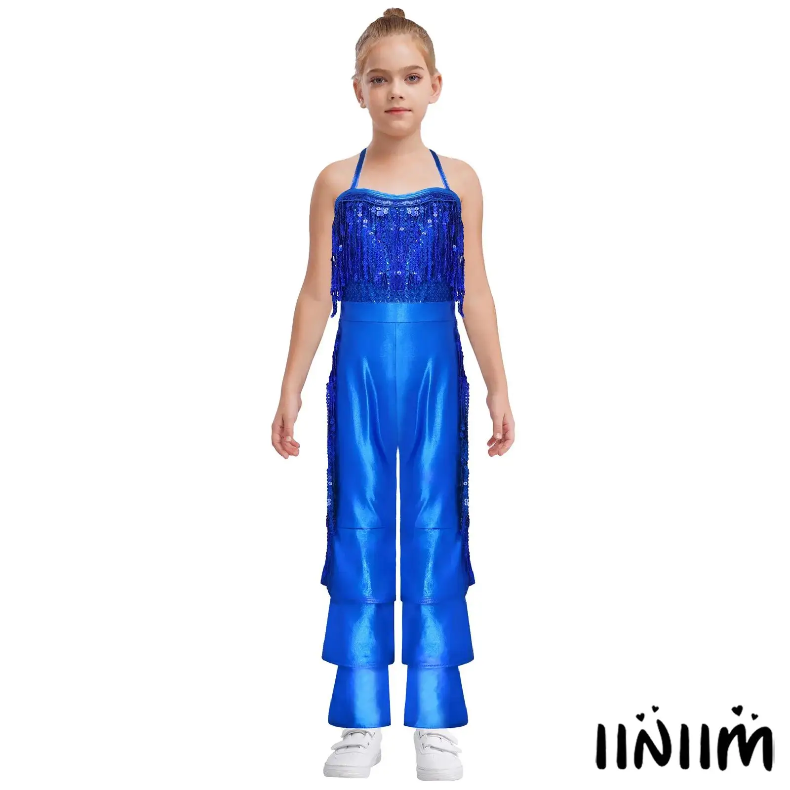 

Kids Girls Halter Sleeveless Shiny Sequins Tassels High Waist Flared Jumpsuit Halloween Movie Star Singer Cosplay Costume