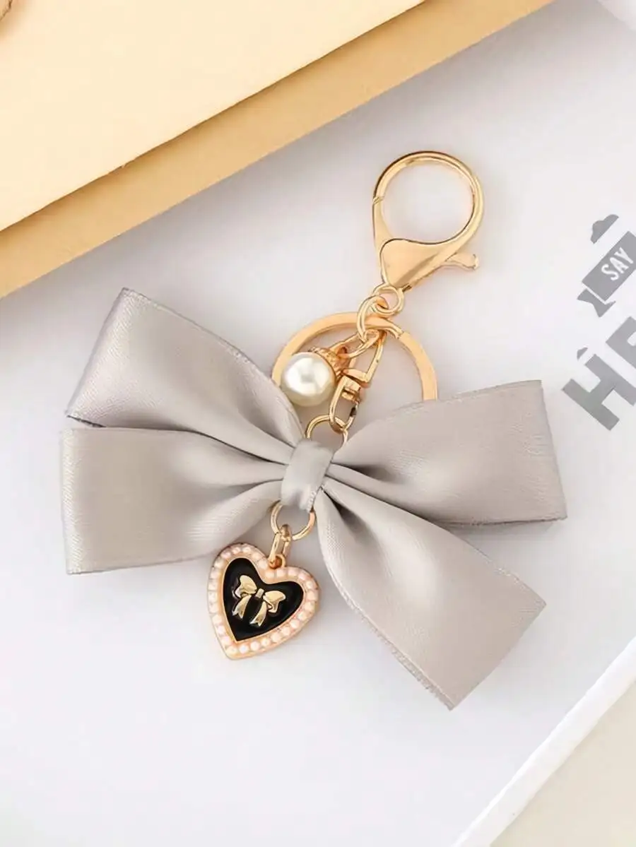 

Gray Satin Bow Keychain With Faux Pearl And Heart Charm For Women