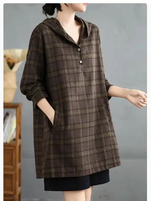

Retro Plaid Hooded Shirt Women's Loose Long Sleeve Mid-Length Slimming Top Spring New Arrival plus Size Comfortable Casual Wear